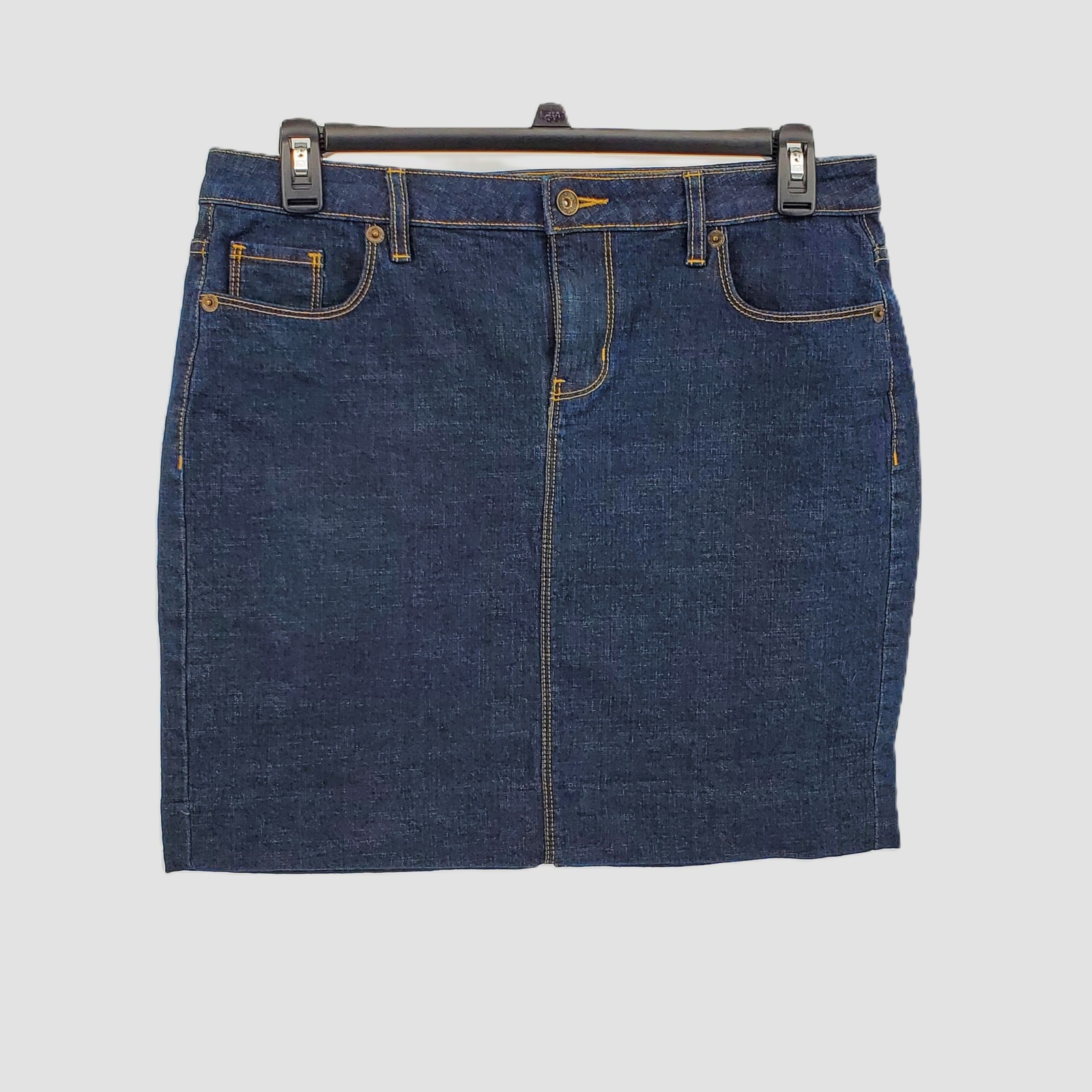 Apt 9 Womens Size 12 Denim Mini Skirt Dark Wash Blue Stretch 5 Pocket Back Slit